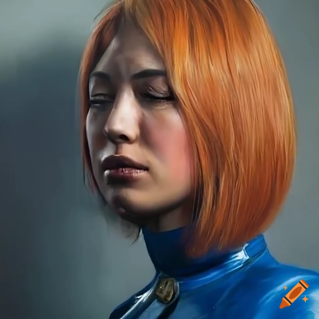 Japanese-Irish idol actress in blue leather vault-suit sleeping under a blooming cherry tree