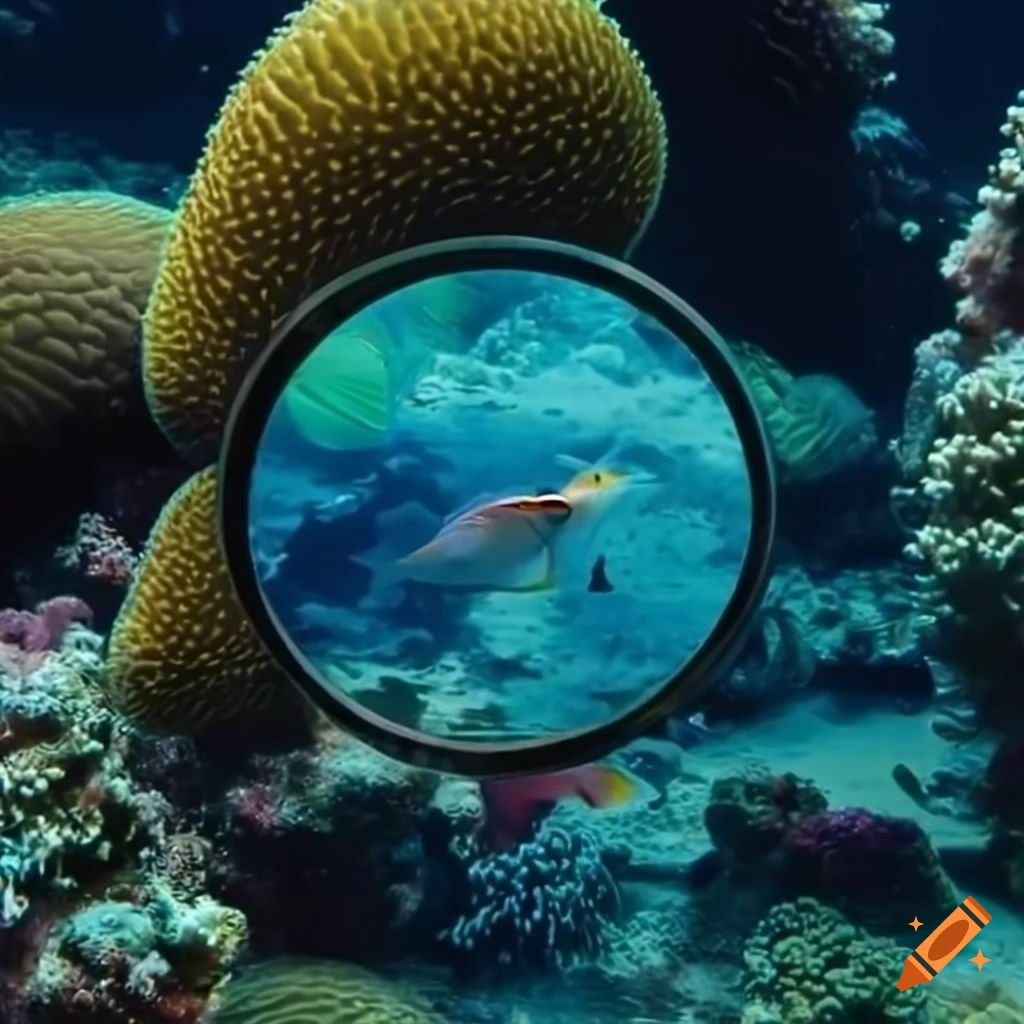 Fish under magnifying glass among coral in underwater scene