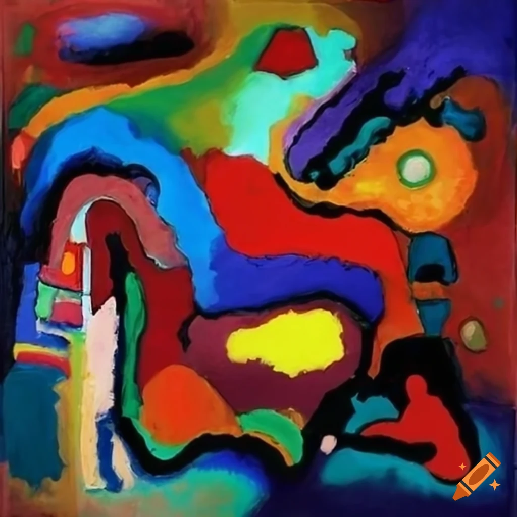 Colorful abstract painting of a house by Kandinsky and Karel Appel