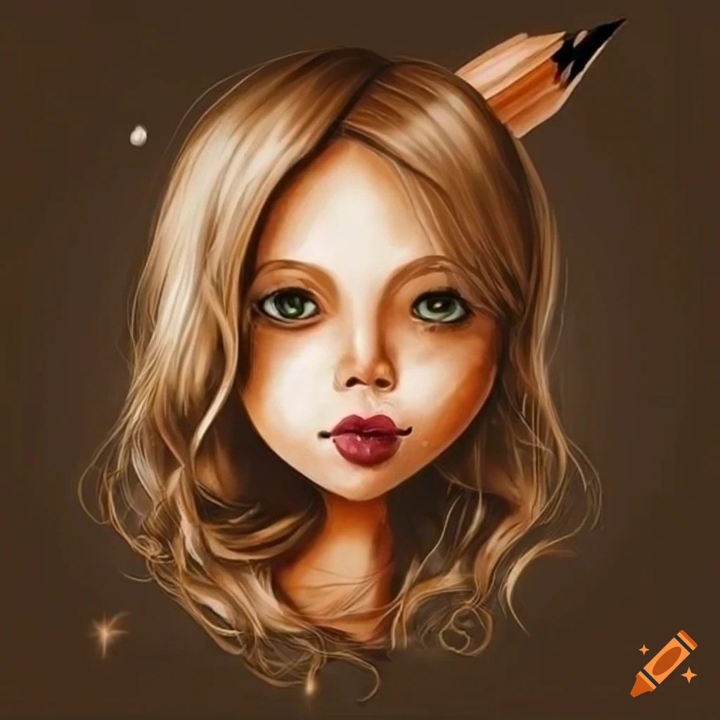 Pencil cartoon drawing of a whimsical smiling girl with a round face in sepia tones