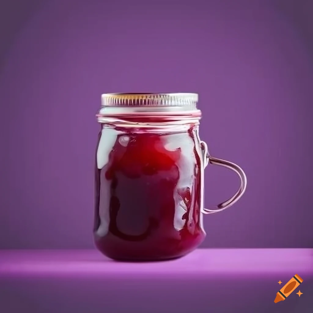 Mason jar of deep red plum jam on purple background