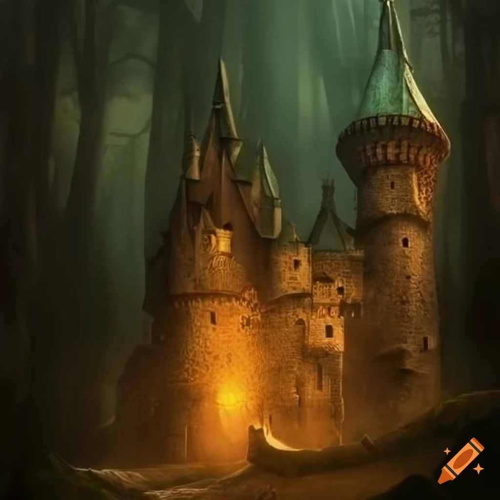 Old castle in a medieval fantasy setting surrounded by a light forest