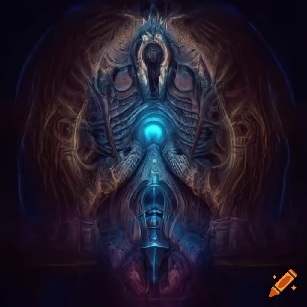 Phi symbol shining light on a biomechanical Phyrexian Horror in darkness