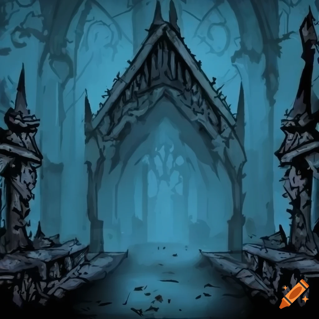 Gloomy dark hall with debris in gothic style inspired by Darkest Dungeon