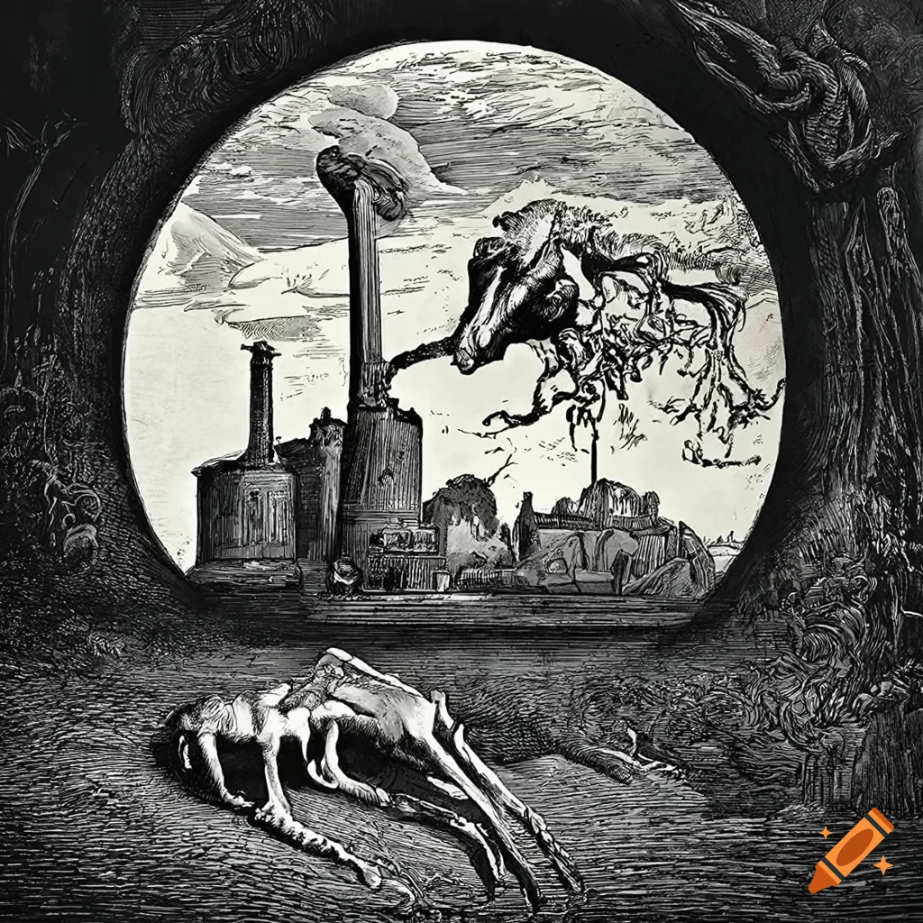 Surreal white ink on black art of animal skeleton with industrial factory smokestacks