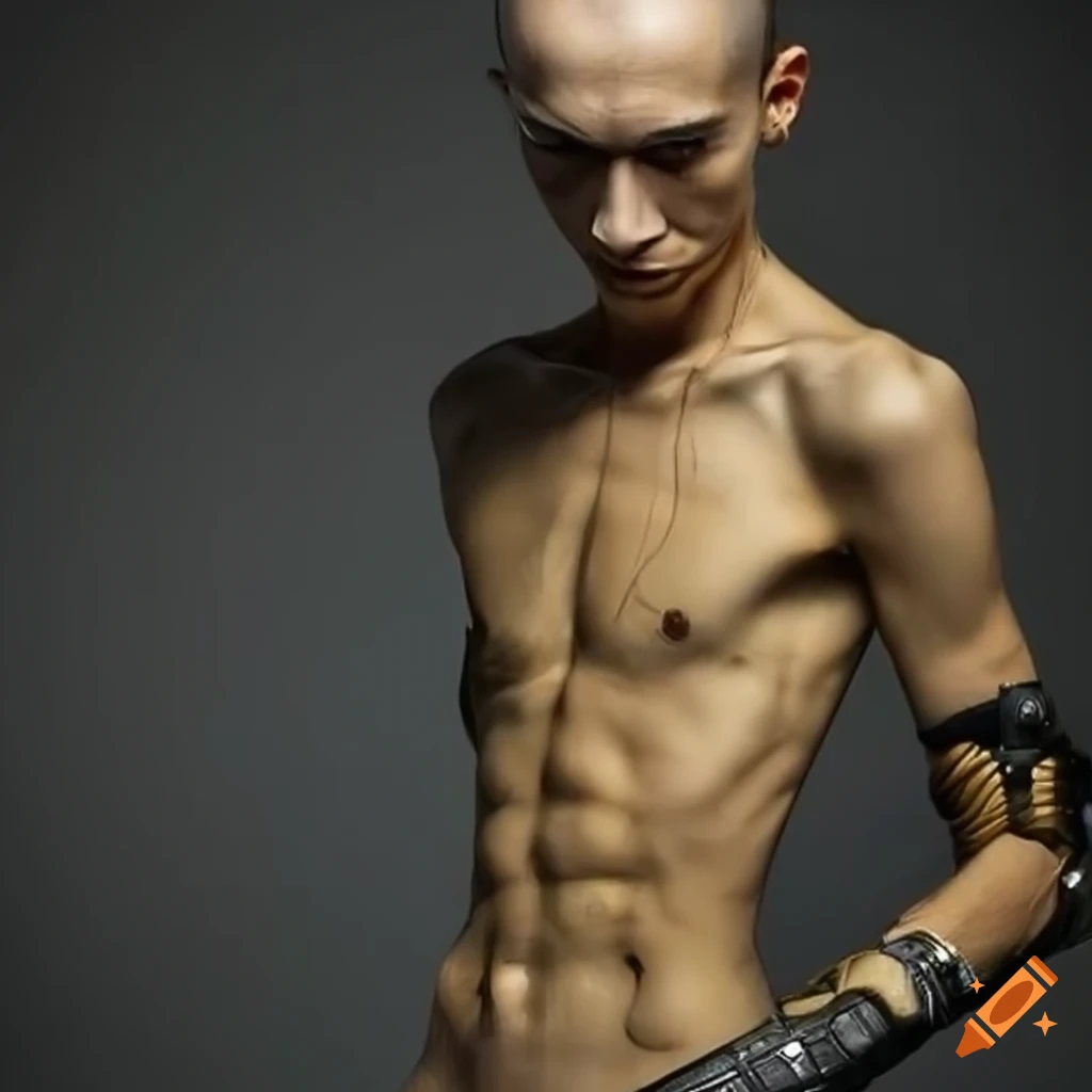 Hyperrealistic skinny male cyborg made of golden metal shards