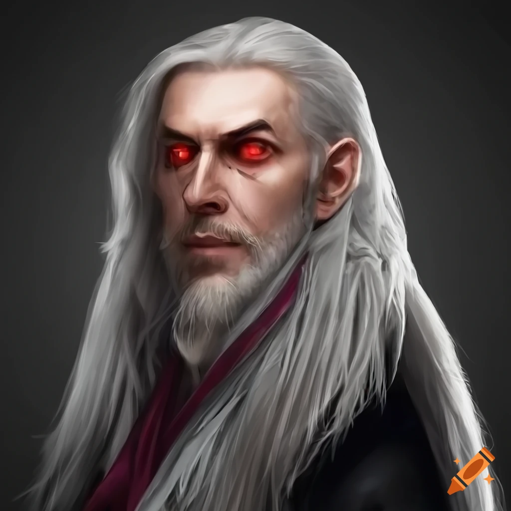 Middle-aged rogue man with red eyes and gray-blond hair in fancy robes