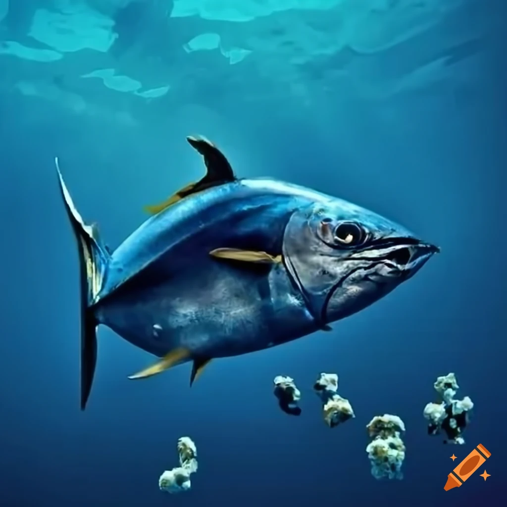Tuna fish eating popcorn in the ocean