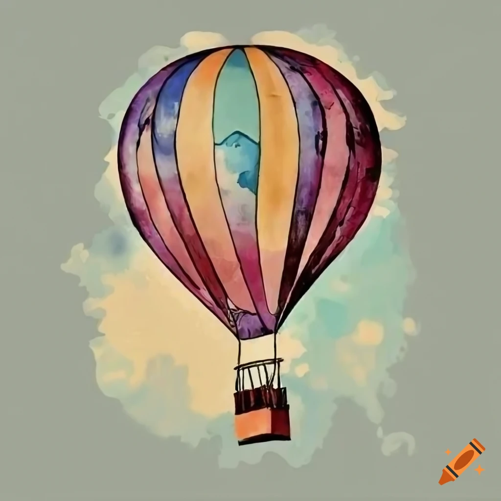 Faded watercolor hot air balloon with mountain design
