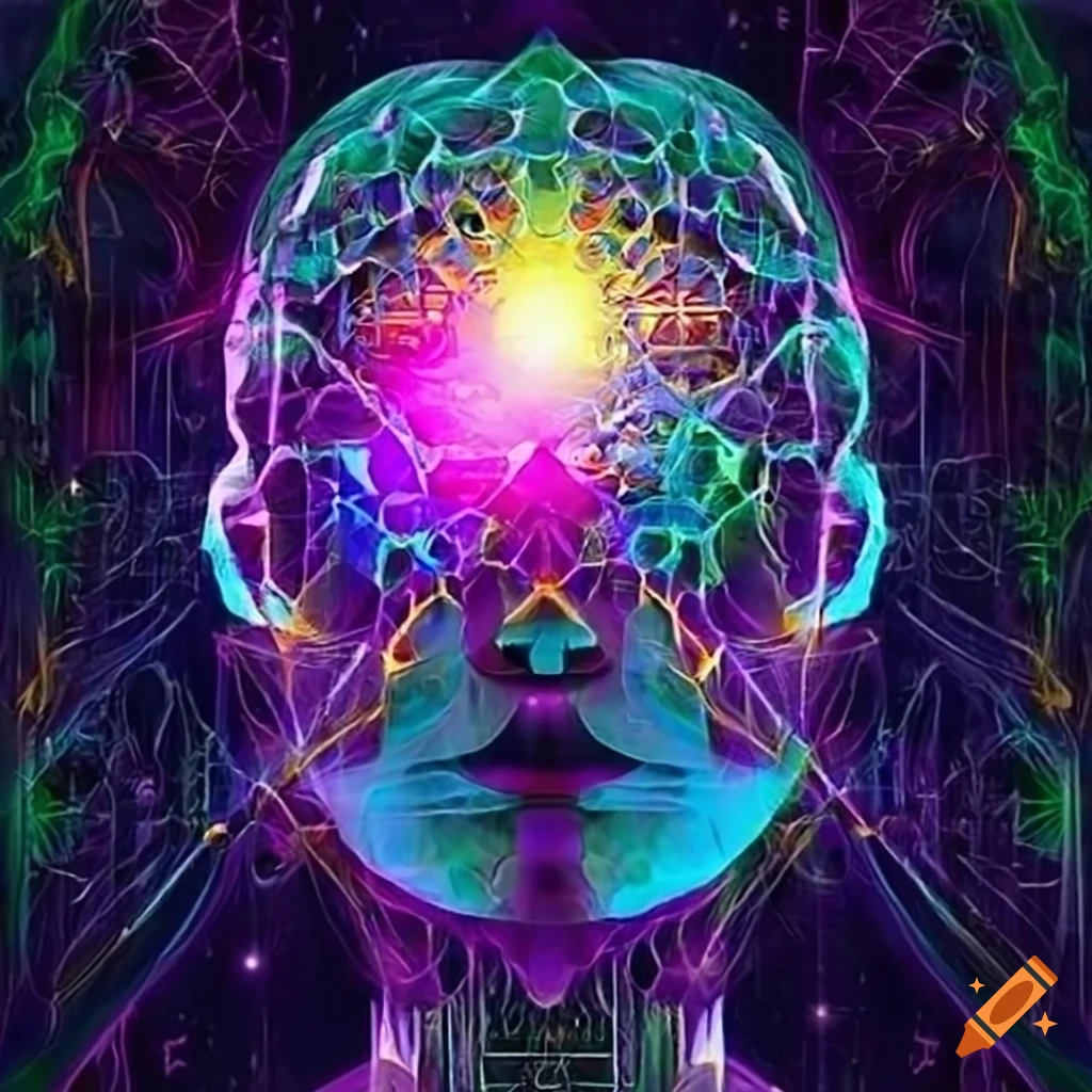 Stylized brain with geometric patterns expanding symbolizing ideas and connections in blue, purple, and gold tones
