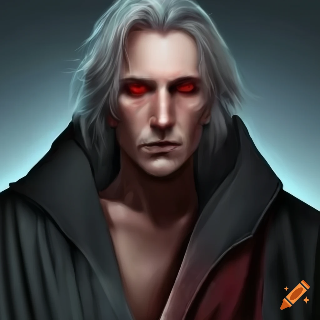Middle-aged male rogue with red eyes and gray-blond hair in a black robe