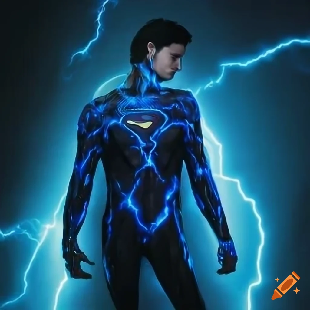 Superman with a futuristic blue suit in a biomechanical setting on Craiyon