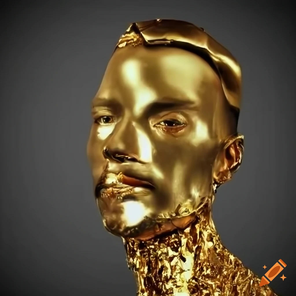 Hyperrealistic image of a man made of golden metal shards