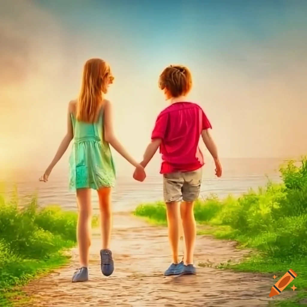 Happy girl and boy walking beside a river