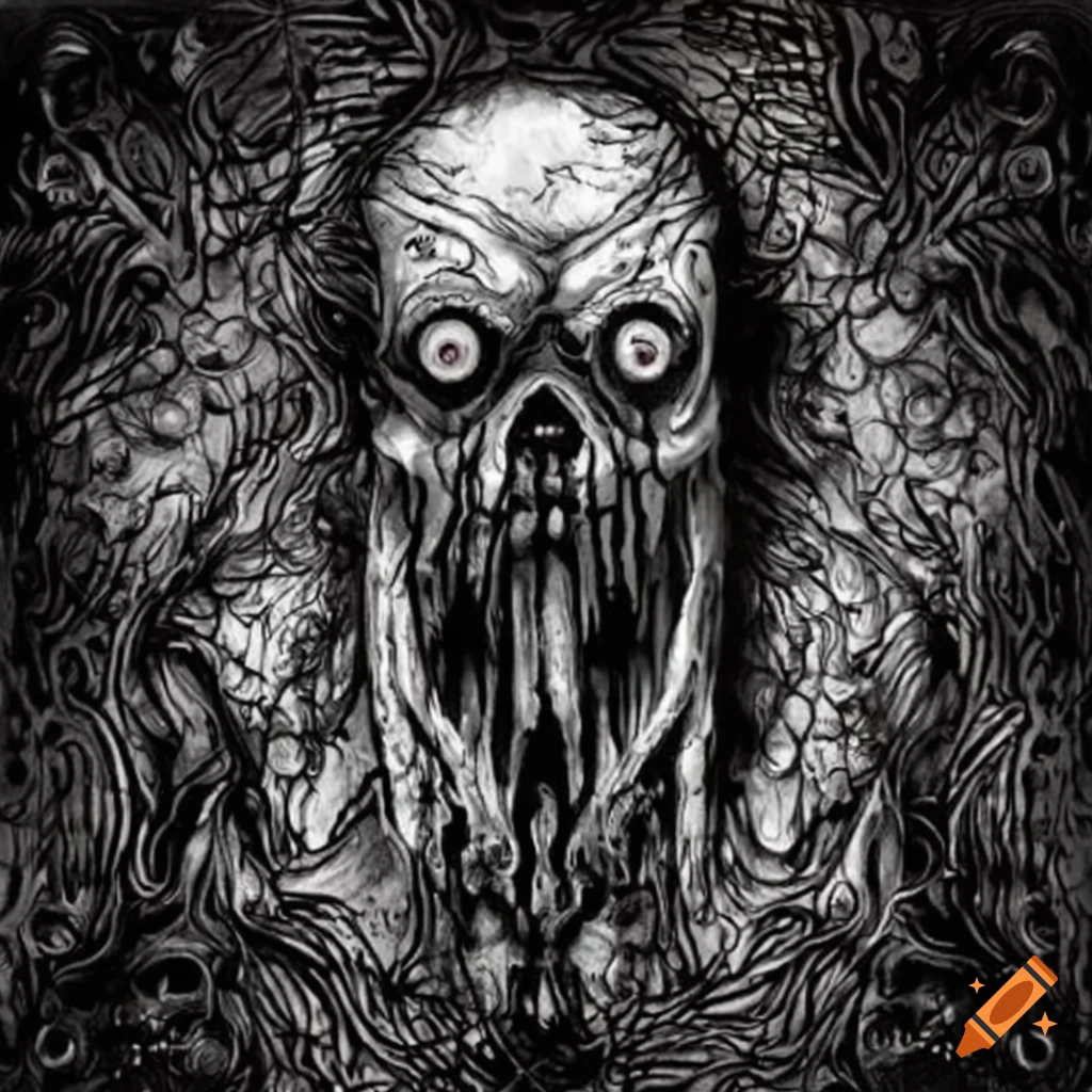 Intricate black, red and white ink drawing of a tormented ghost in extreme anxiety