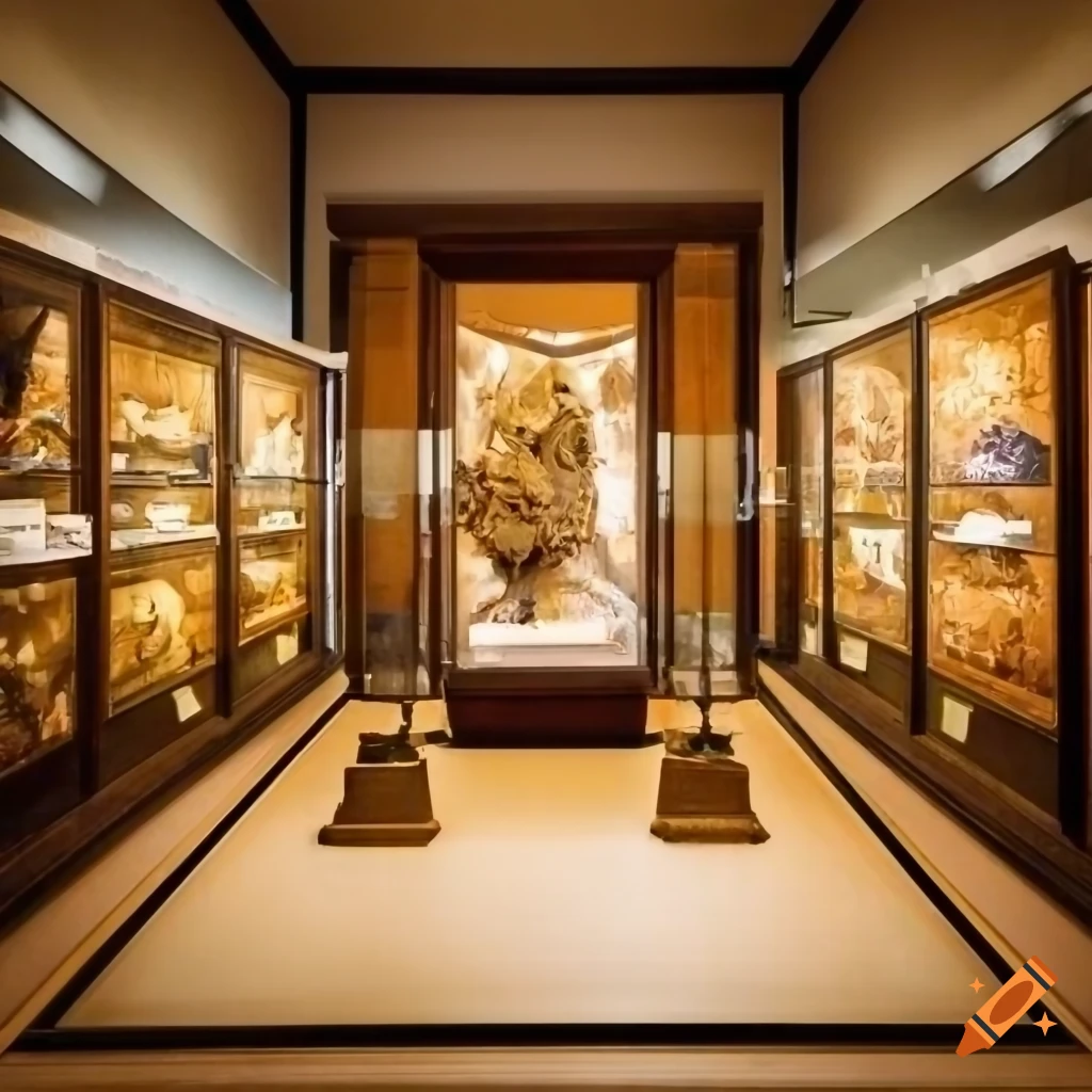 Geological museum hall with mineral display cases