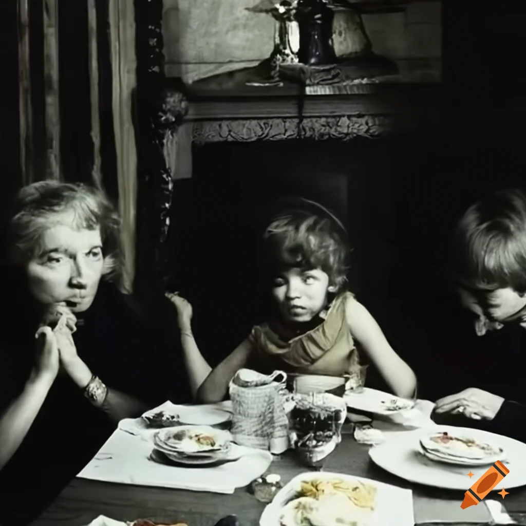 1970s family having a dreary dinner with ghosts outside the window