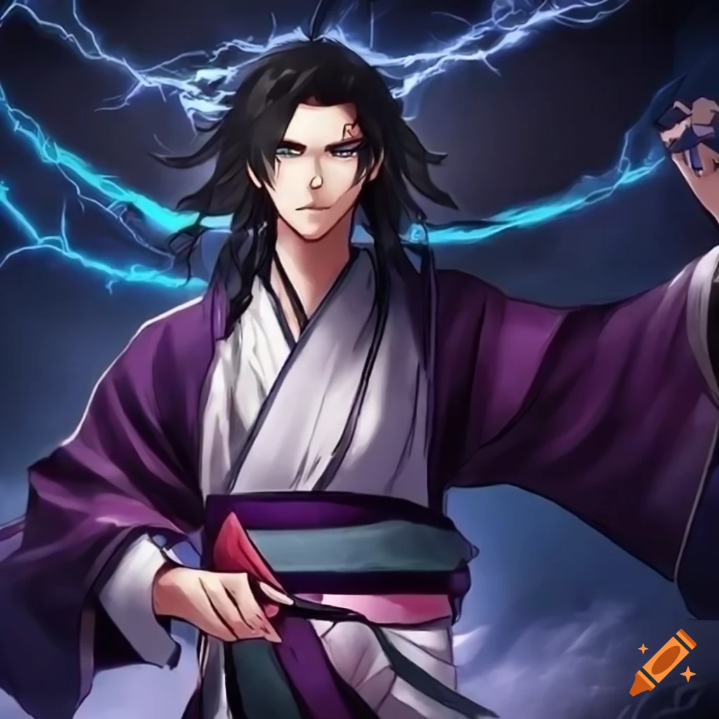 Handsome character with dark hair and blue eyes in a kimono wielding lightning power