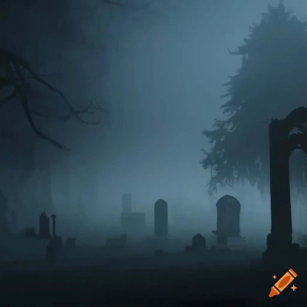 Graveyard under a shroud of darkness and thick fog