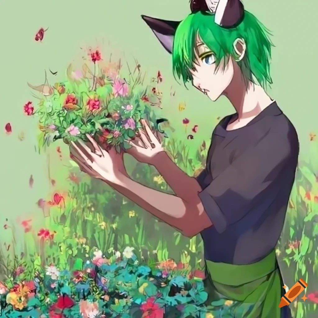 Anime boy with green hair and fox ears picking flowers in a flowerbed