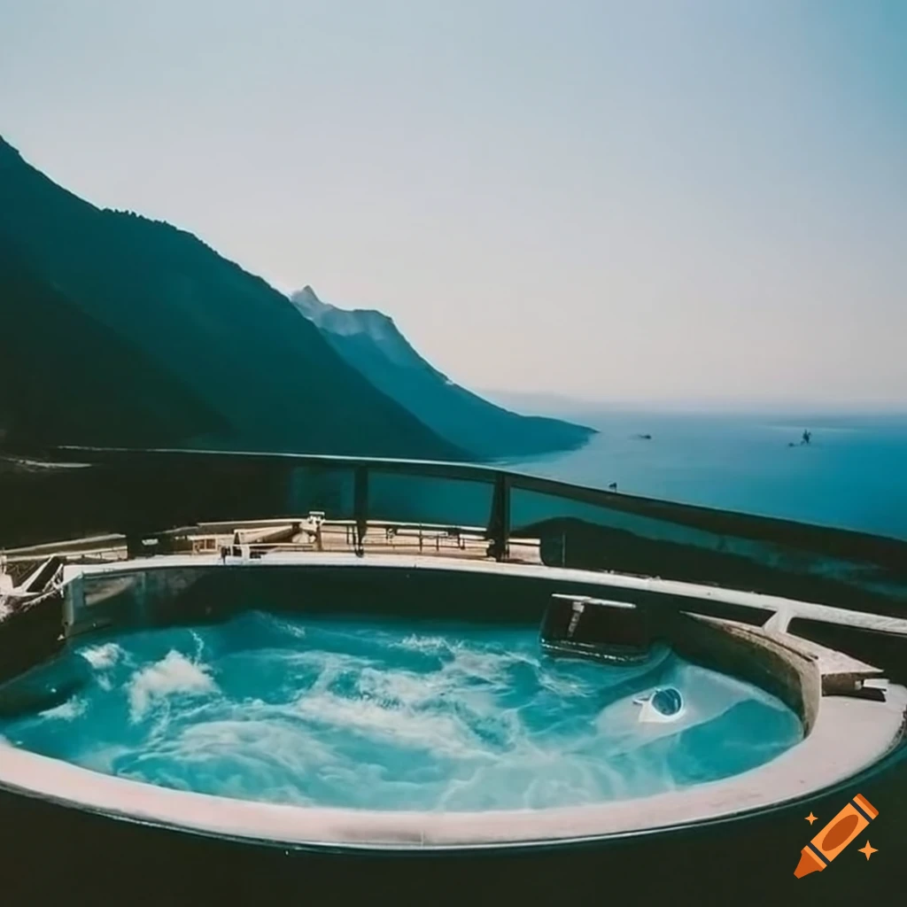 Jacuzzi overlooking sea and mountains with dramatic lighting in fashion photography