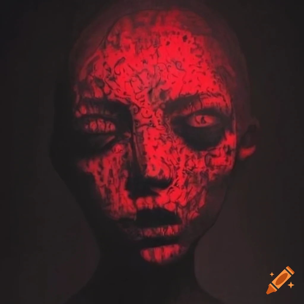 Intricate black red and white ink drawing of a tormented ghost filled with extreme anxiety