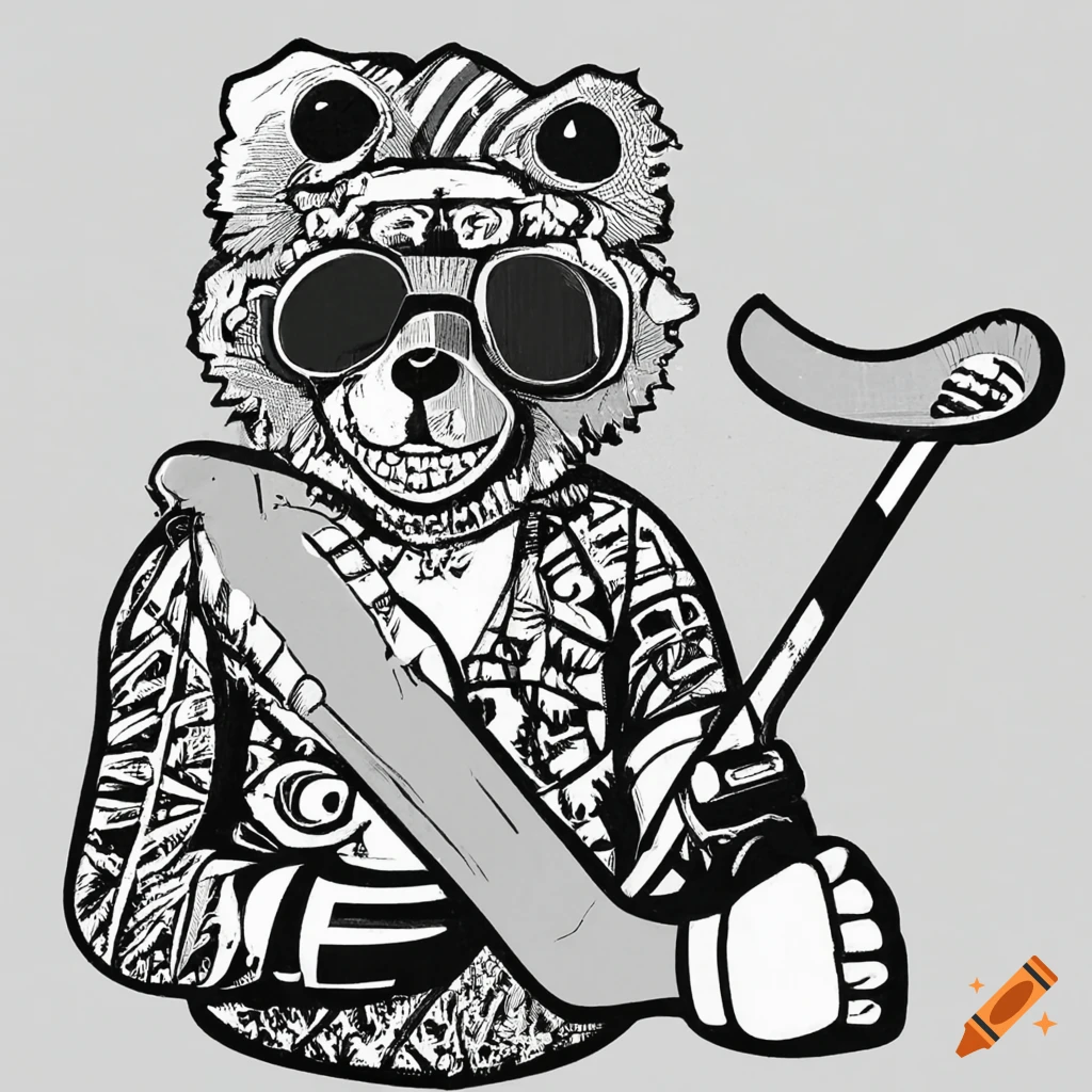 Bear with sunglasses and hockey stick in woodcut art style