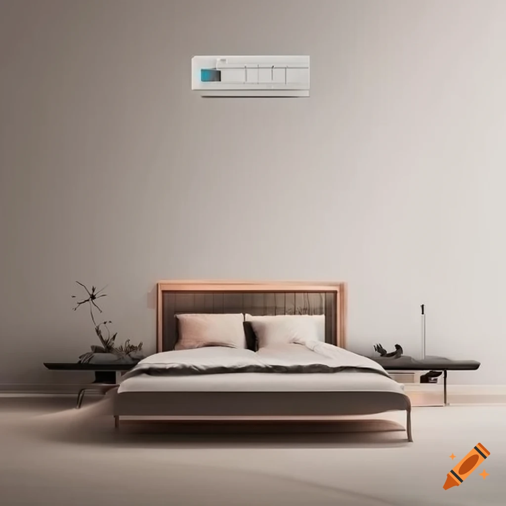 Contemporary bedroom with minimalist design and split air conditioning unit