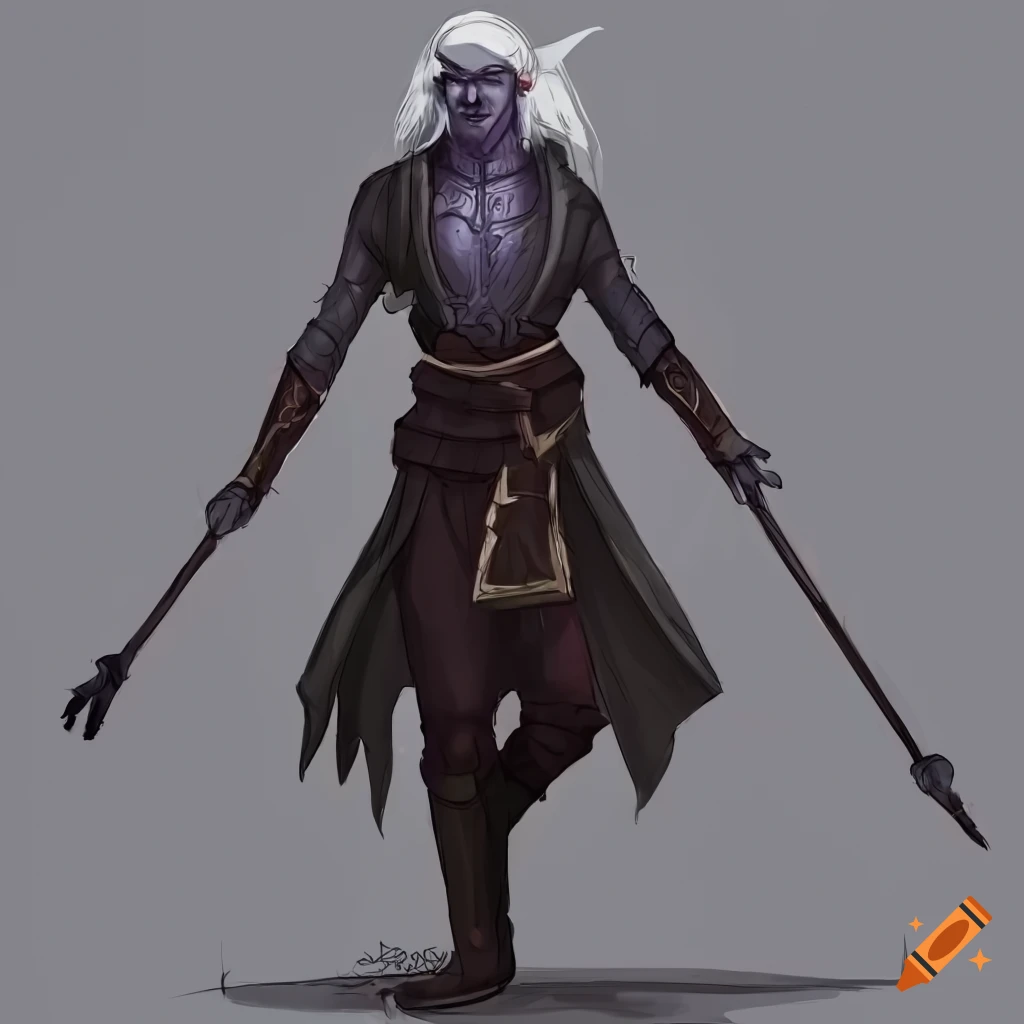 Fantasy male monk character concept art with a staff on a white background