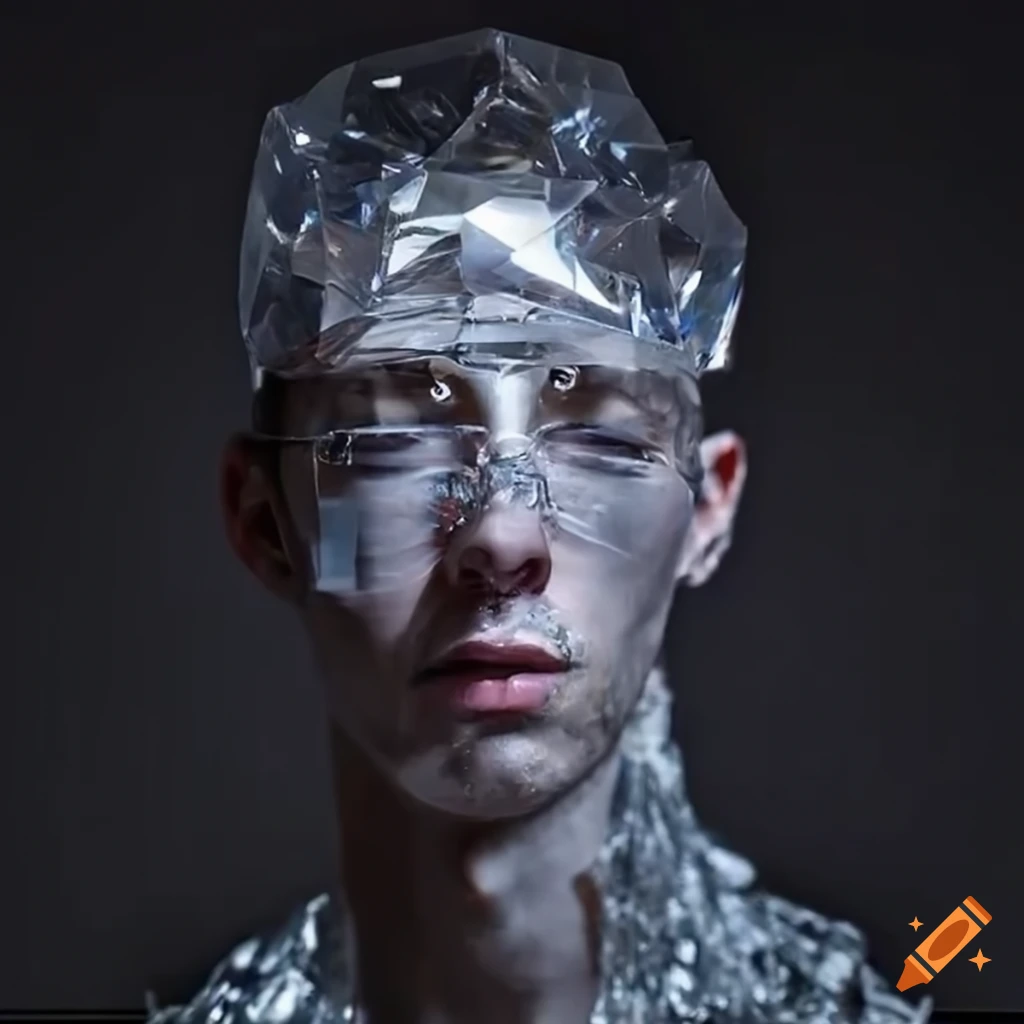 Hyperrealistic image of a man made of transparent crystal shards