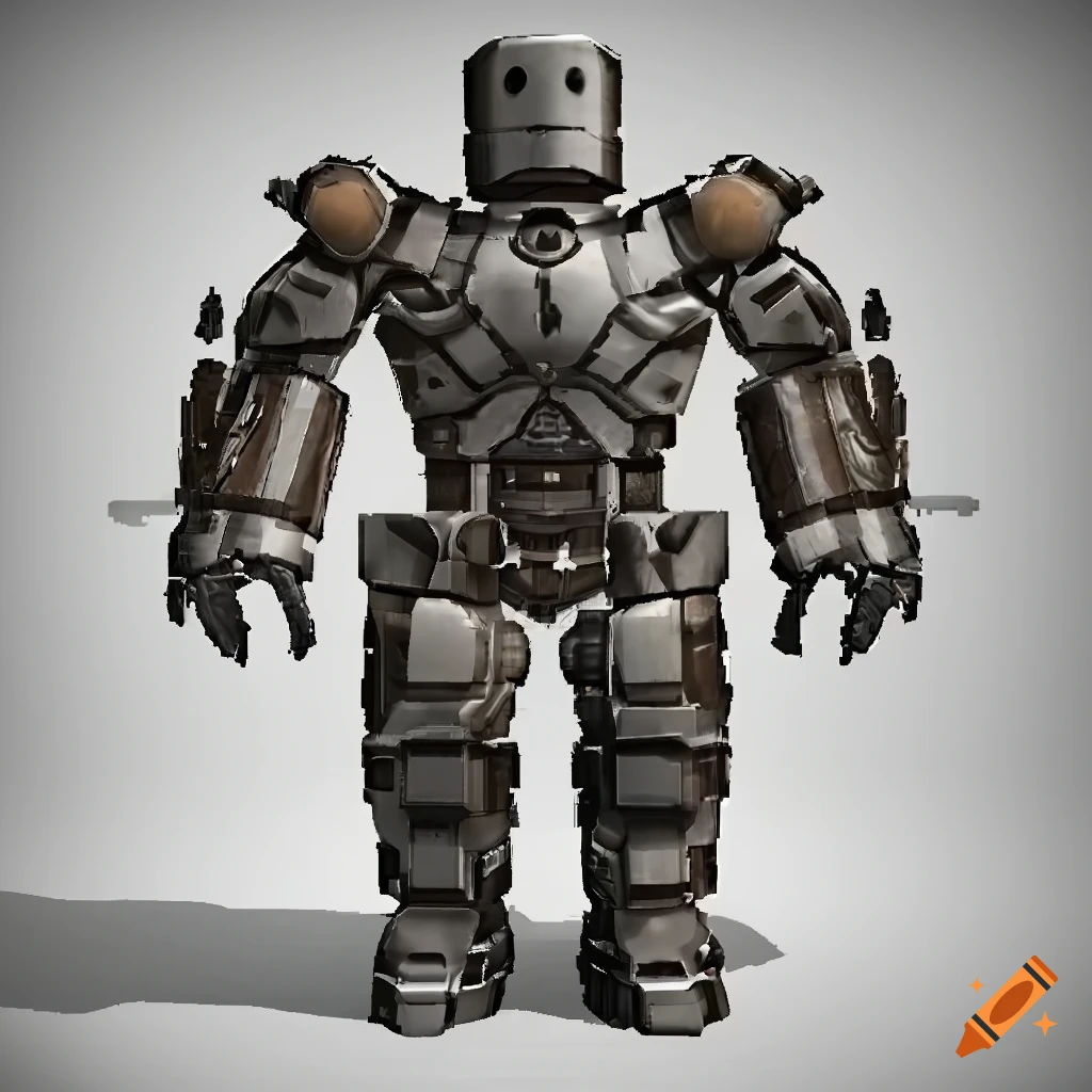 Steam punk style battle robot with iron and wood combination body parts in a Roblox game