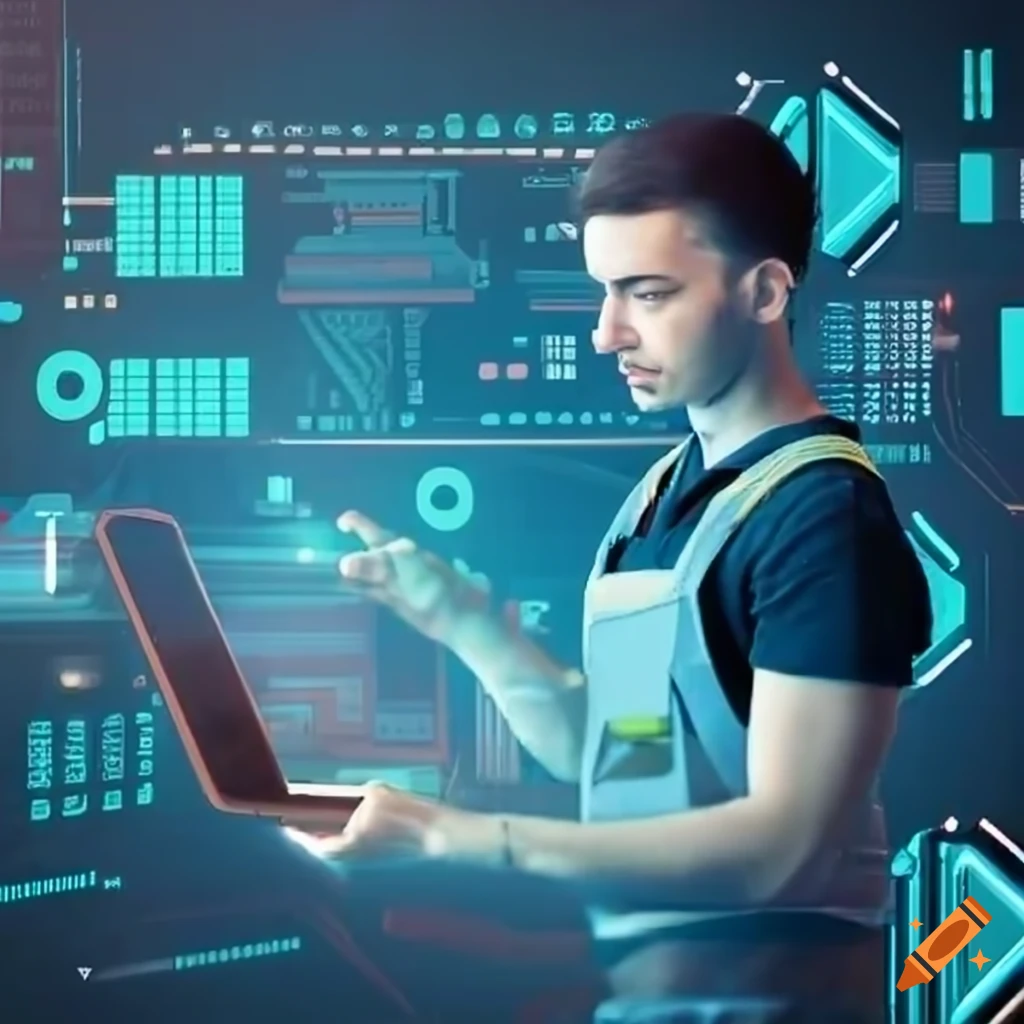 Digital dashboard with real-time data and predictive analytics, technician using AI-based diagnostics