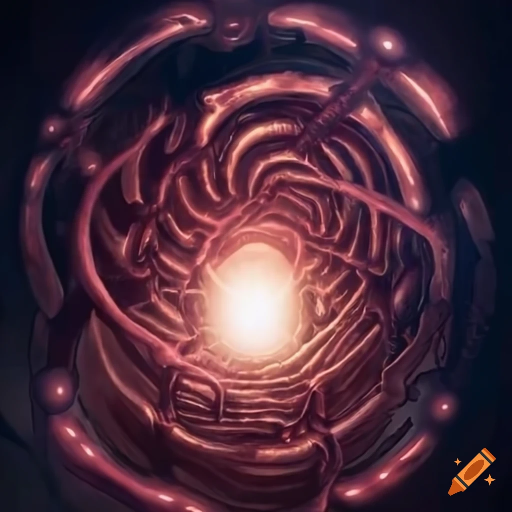 Phyrexian phi symbol shining light on biomechanical Phyrexian Dreadnought