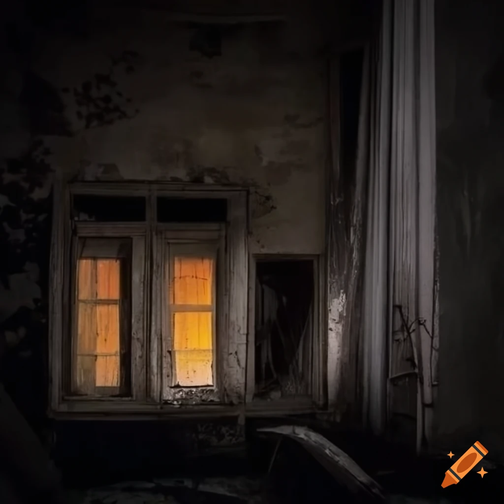 Abandoned urban exploration window house at night