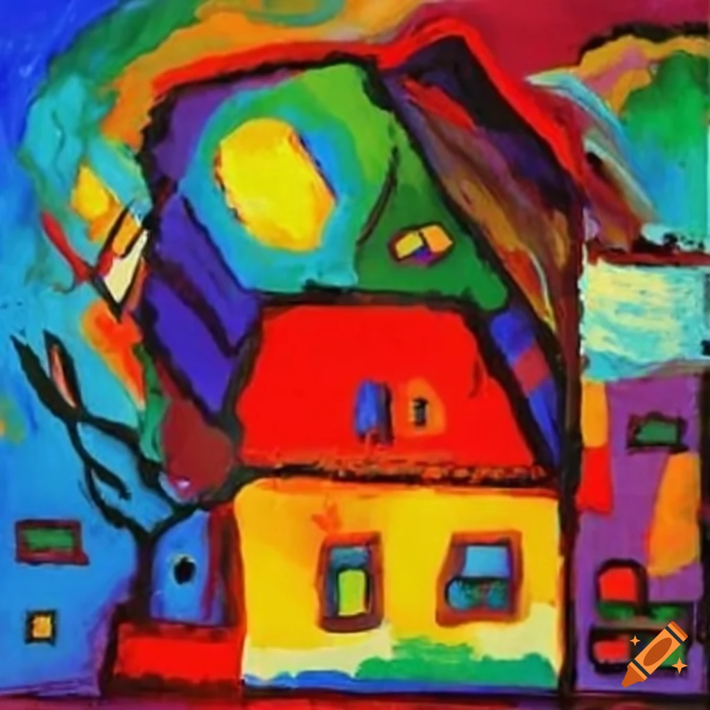 Colorful abstract painting of a house by Kandinsky and Karel Appel