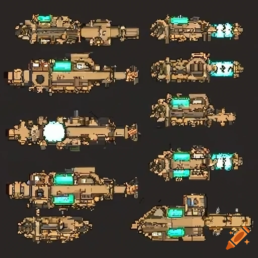 Steampunk symetric spaceship sprites with reactor for games