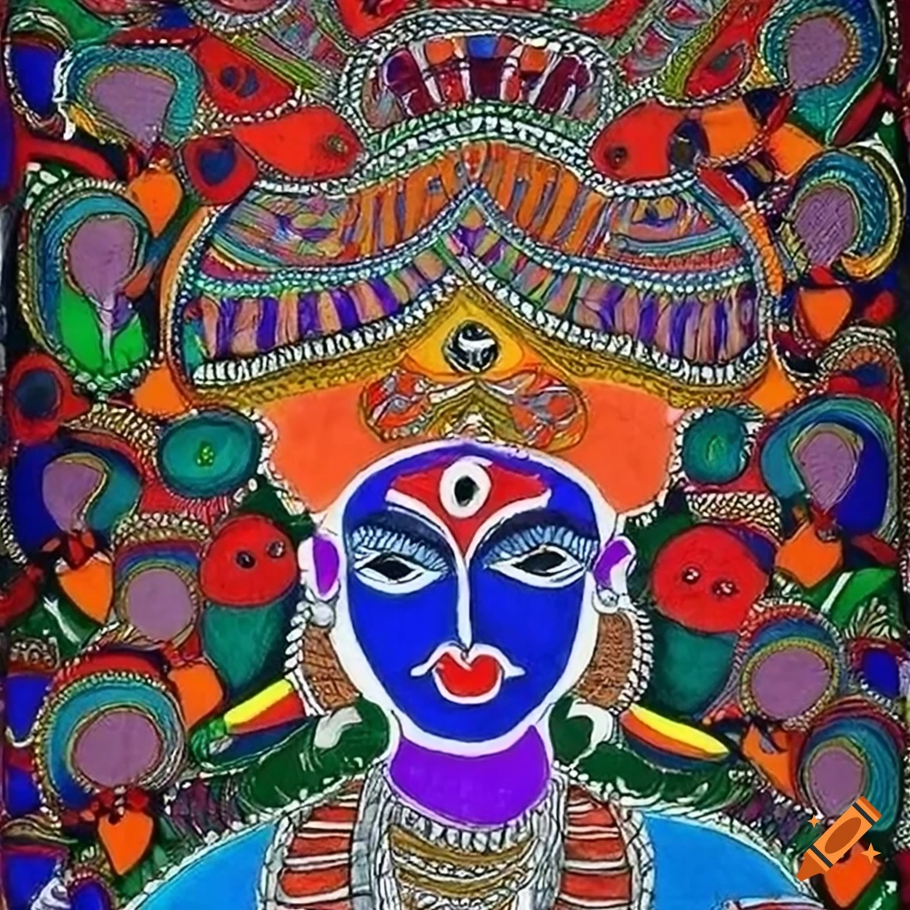 Fusion artwork blending Madhubani and Gond styles depicting Krishna revealing Vishvarupa to Arjuna in Mahabharata