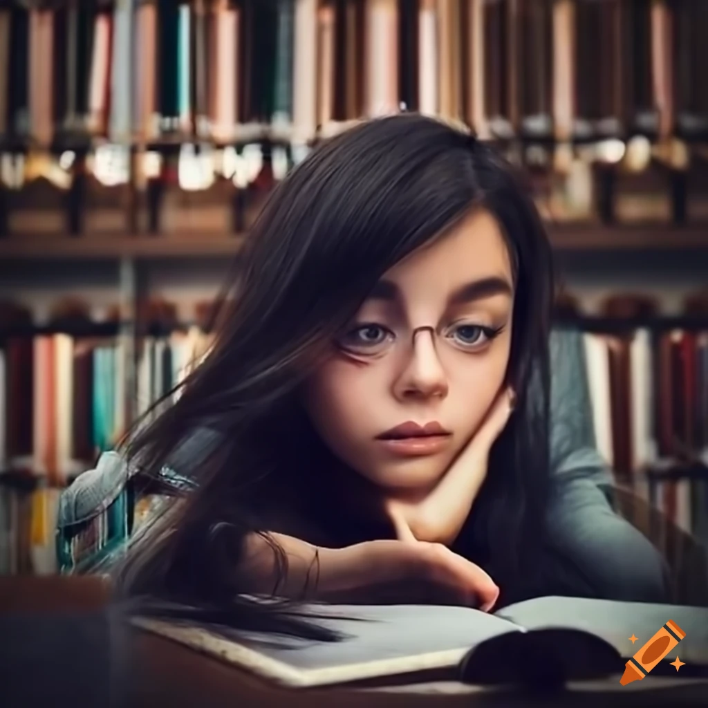 Girl with dark hair researching in a library