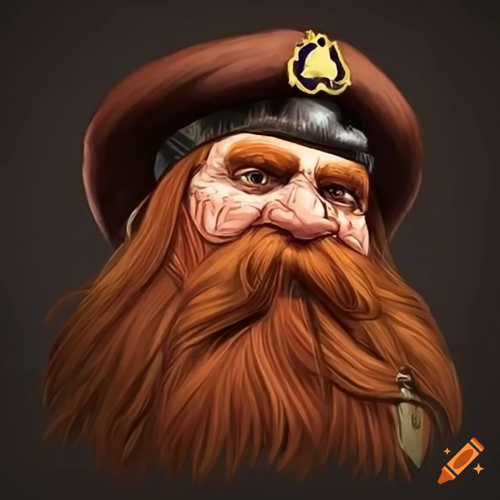 Dwarf with long reddish-brown hair and a ship captain's hat