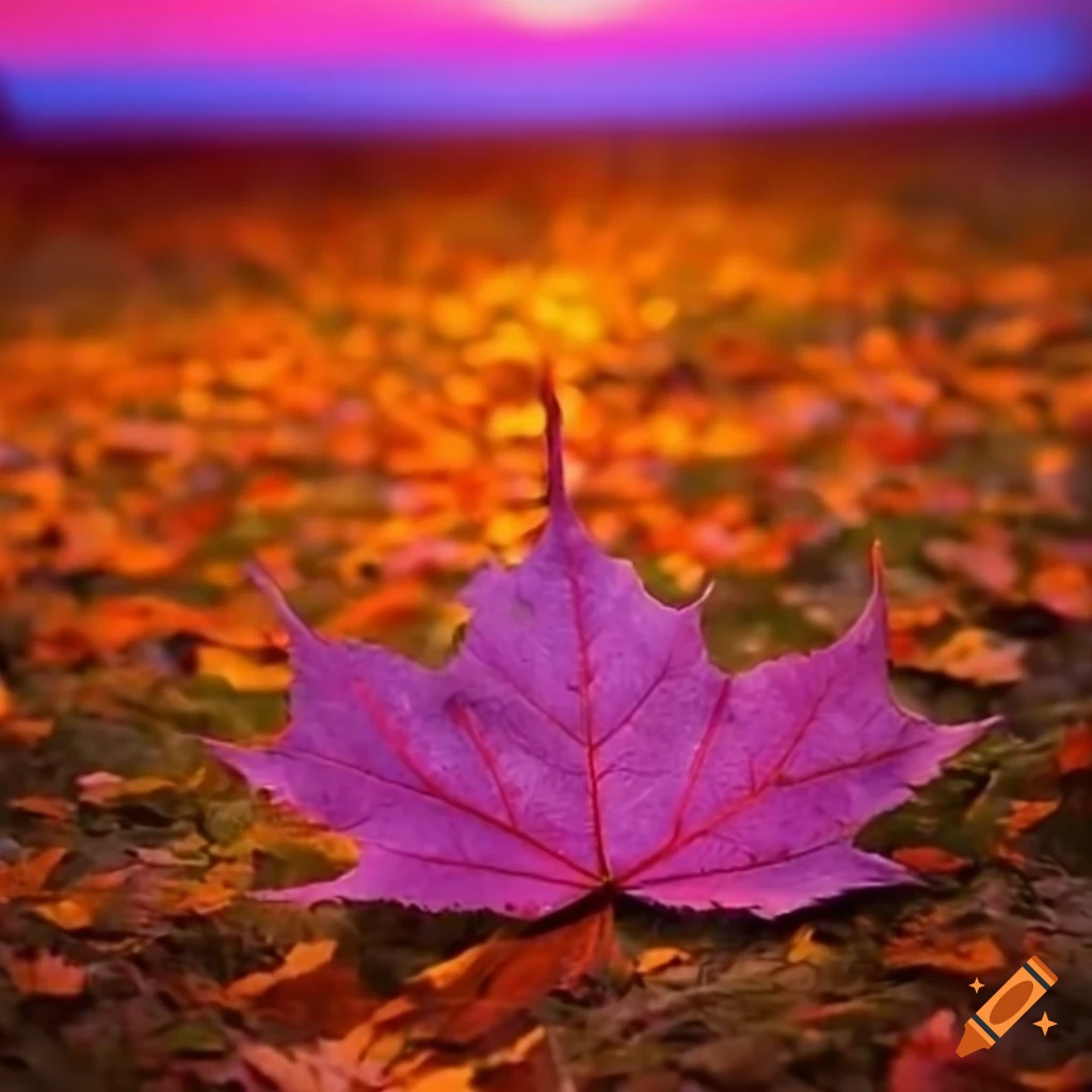 Maple leaf in fall colors with purple and orange hues against a purple and pink sunset backdrop
