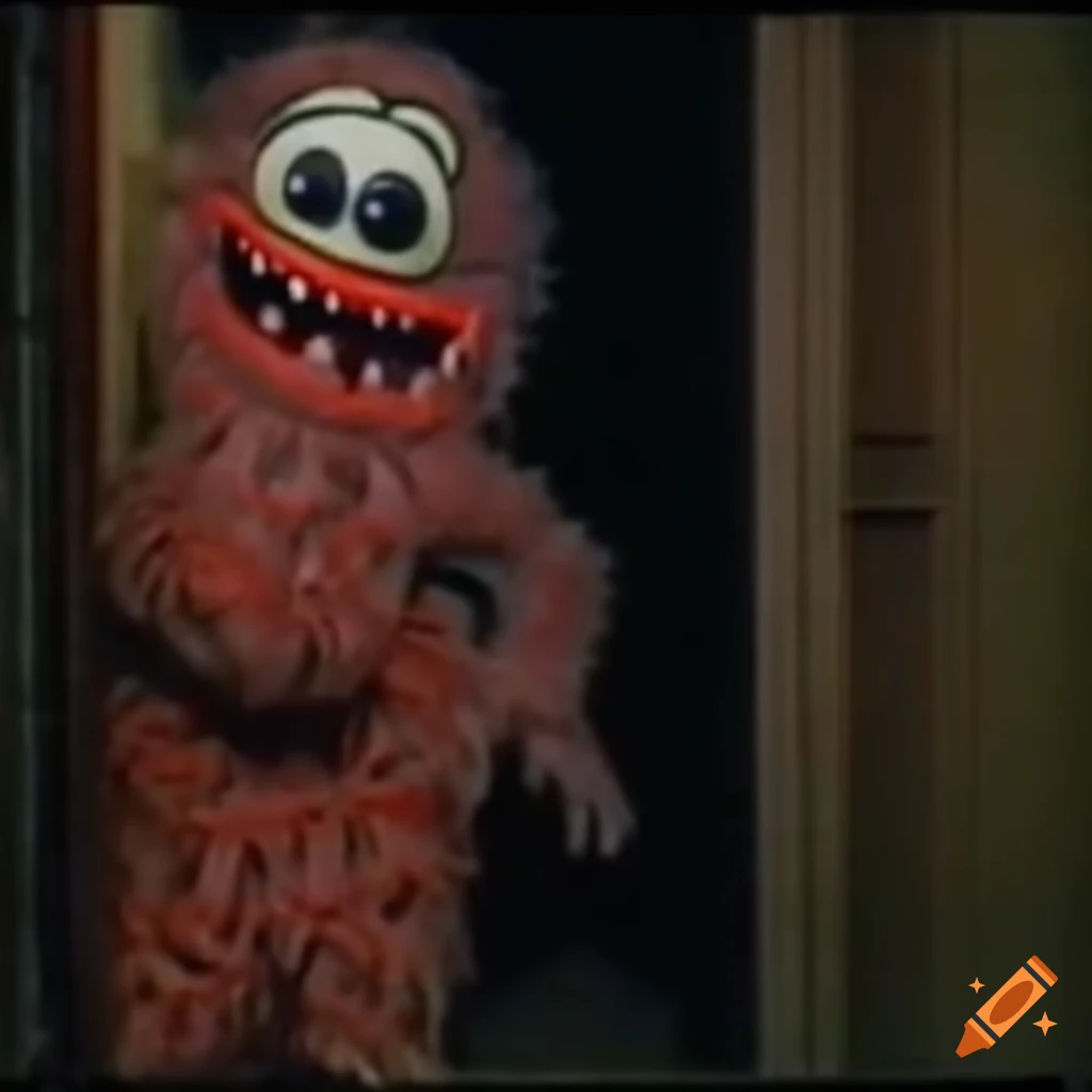 Colorful children's mascot monster crawling through a dark elementary school