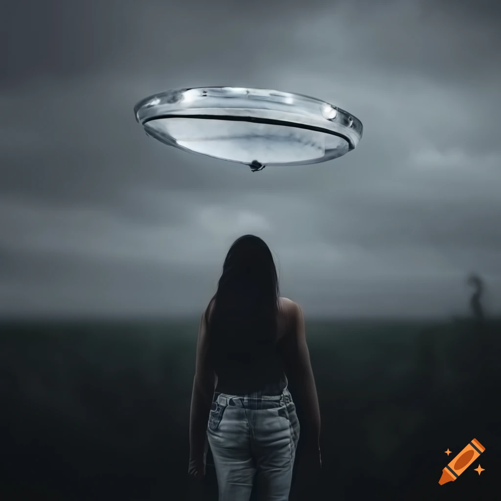 Woman in jeans standing in a field with a distant UFO landing
