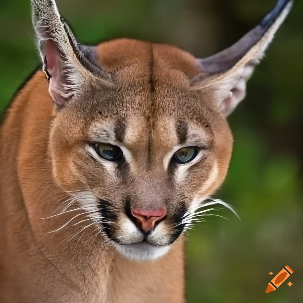 Hybrid cougar and caracal with long caracal ears and red pelt