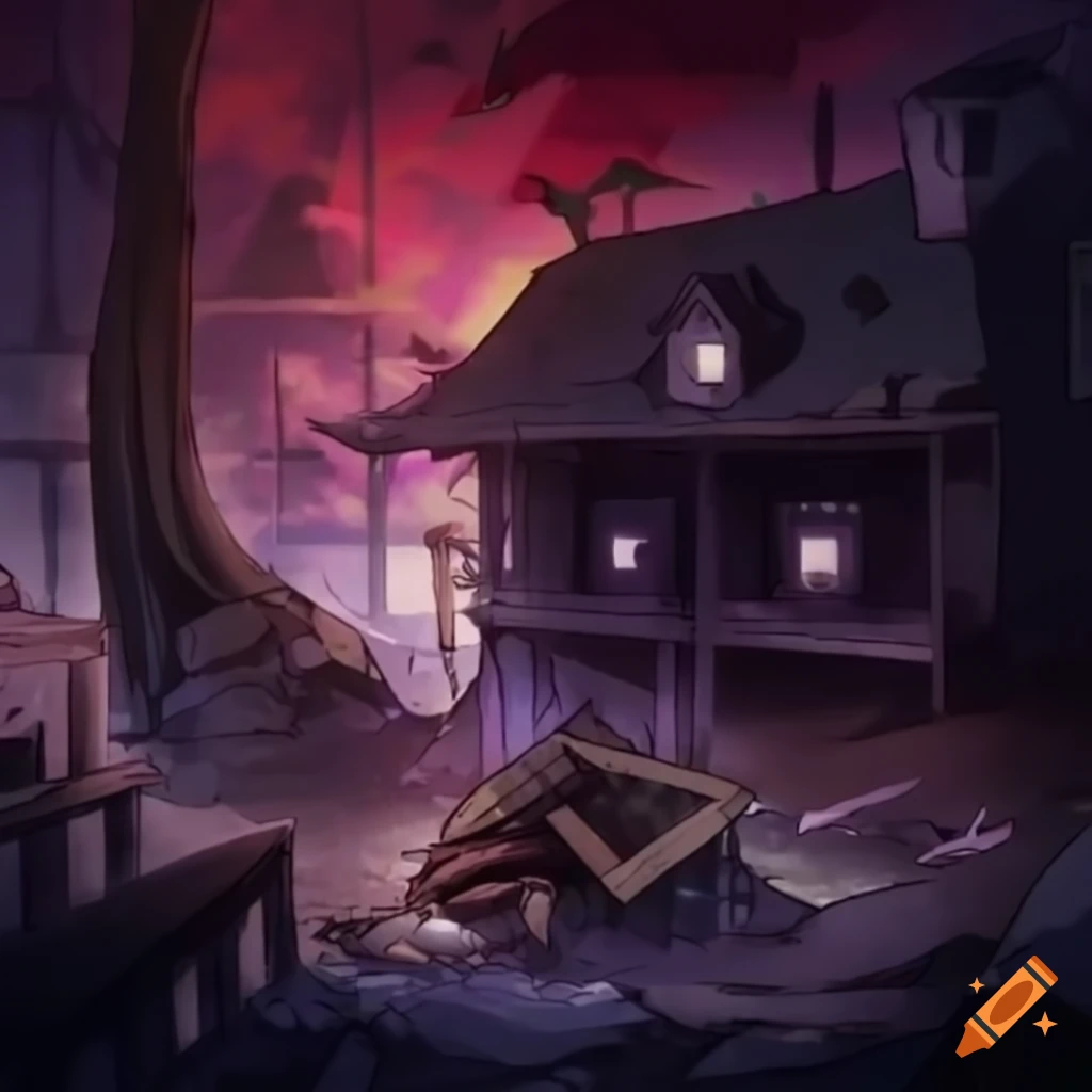 Anime-style fantasy scene of someone stuck in a collapsed house