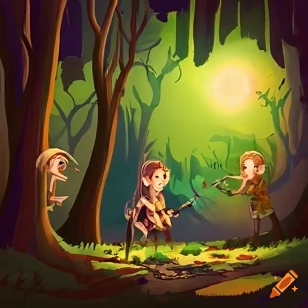 Bosque encantado con \'rboles luminosos y flores brillantes, grupo de criaturas fant\u00e1sticas tocando