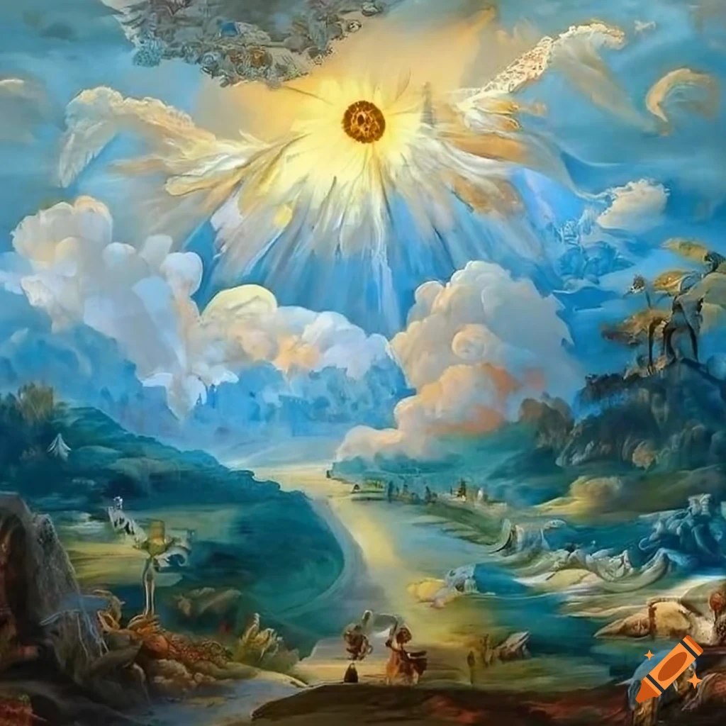 Intricate baroque-style painting of a heavenly landscape