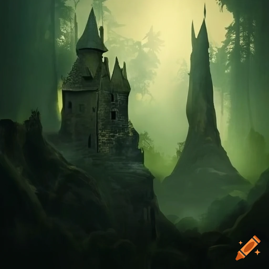 Wizard's old castle in a medieval fantasy setting within a light nature forest