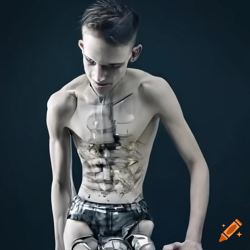 Hyperrealistic skinny male cyborg made of crystal circuitry shards