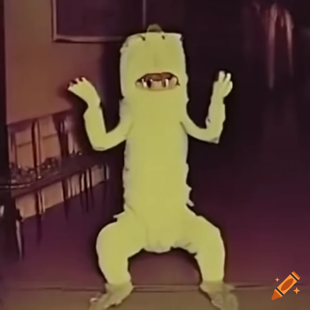 Colorful children's mascot monster crawling through a dark elementary school