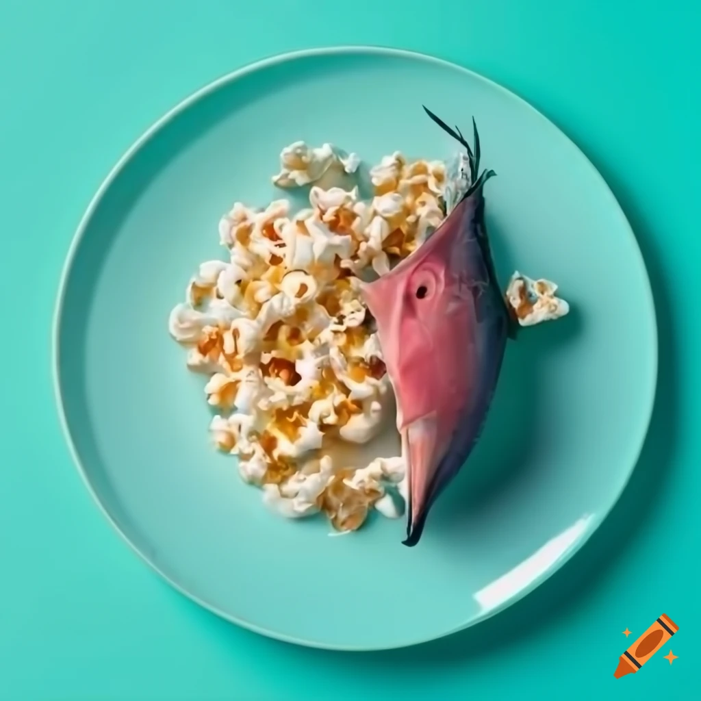 Tuna fish and popcorn on a plate with teal background